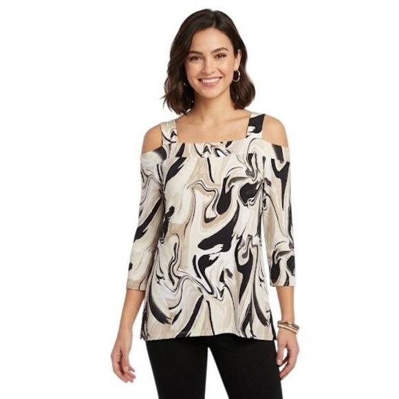 JM Collection Tops - JM Collection Womens Small Cold Shoulder Marble Swirl Print 3/4 Sleeve Top Tan